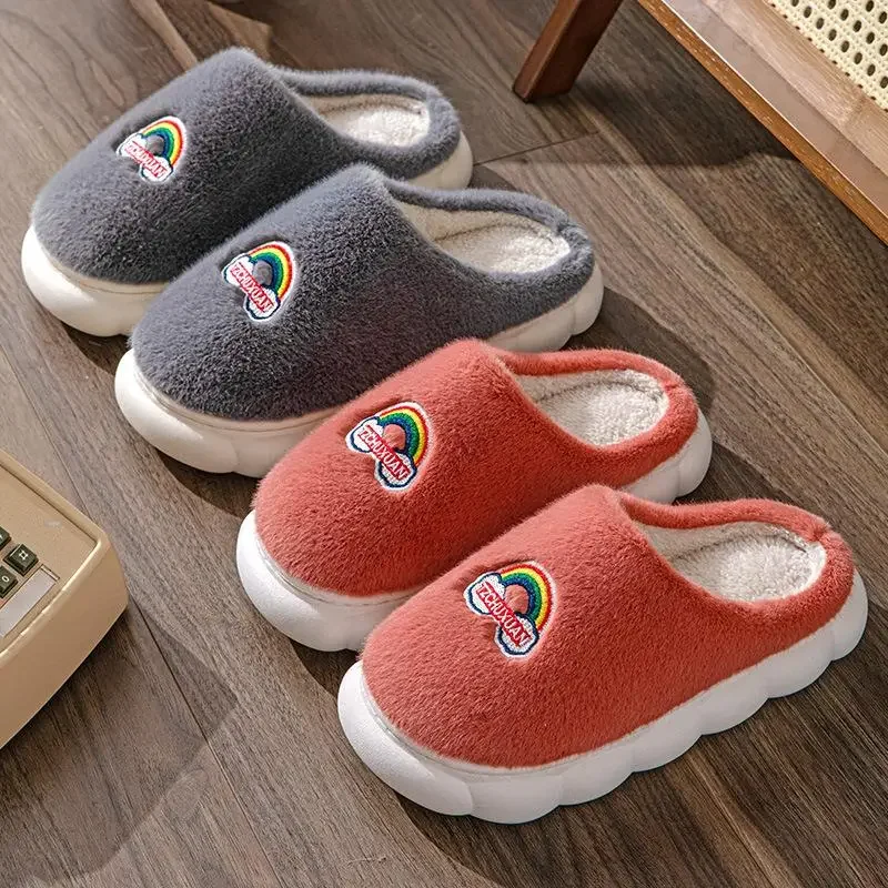 Casual Fluffy Slippers Women House Flats Winter Rainbow Designer Shoes Ladies Home Plush Warm Platform Elegant Footwear Big Size