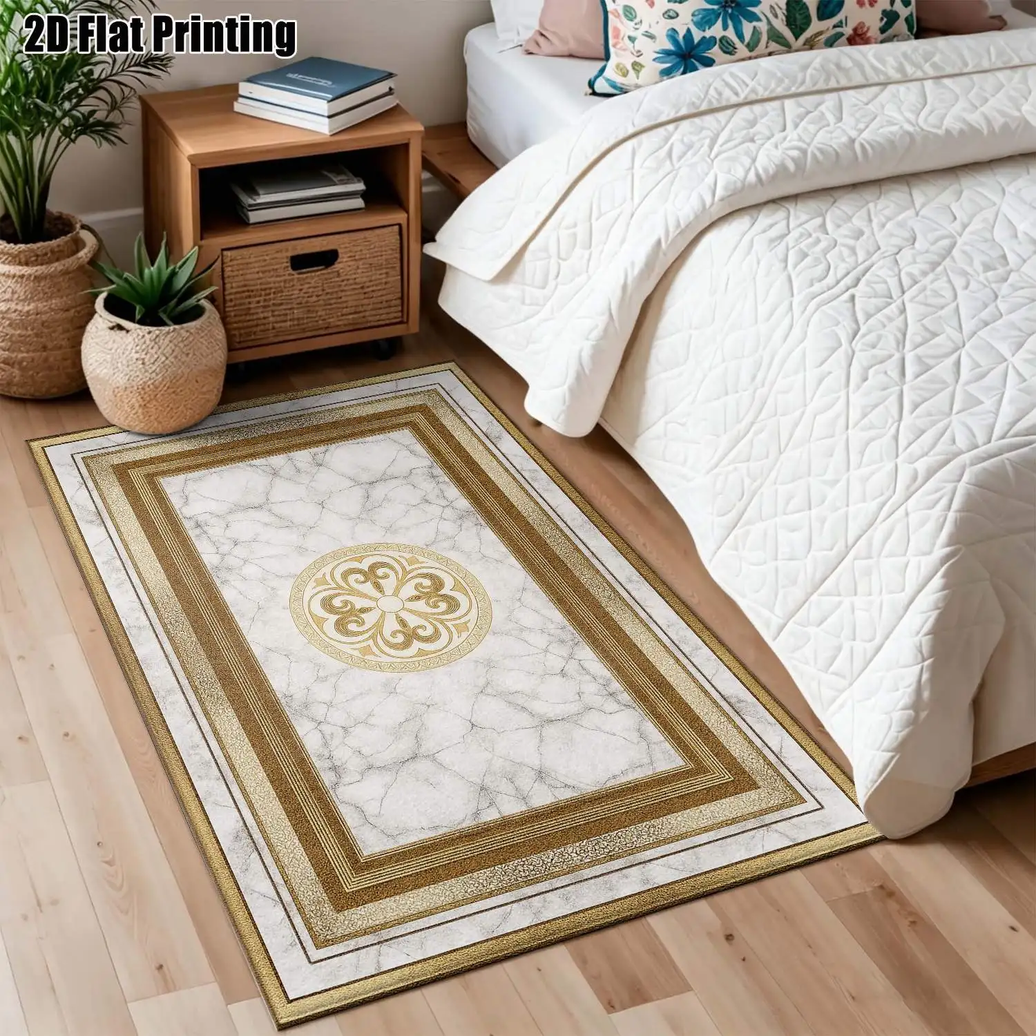 1Pc 2D Printed Gold Geometric Floral Carpets: Vintage, European-Style, Modern Minimalist Options Multi-Size, Machine Washable, Ideal for Door Mats, Dining, Foyer, Bedroom & Living Room Home Decor.