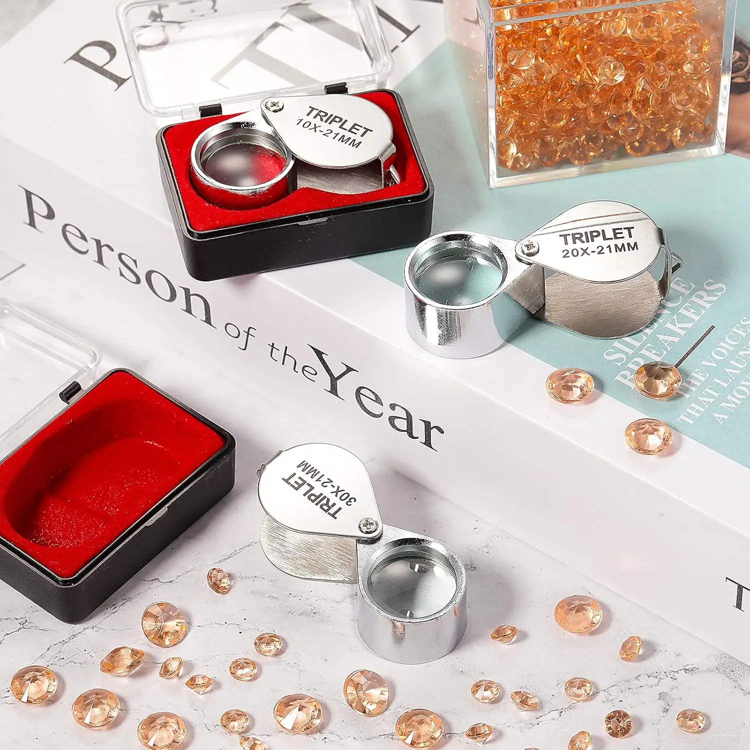 Professional 10X/20X/30X Jewelers Loupe Compact Magnifying Glass for Jewelry Coins Durable Stainless Steel with Storage Box