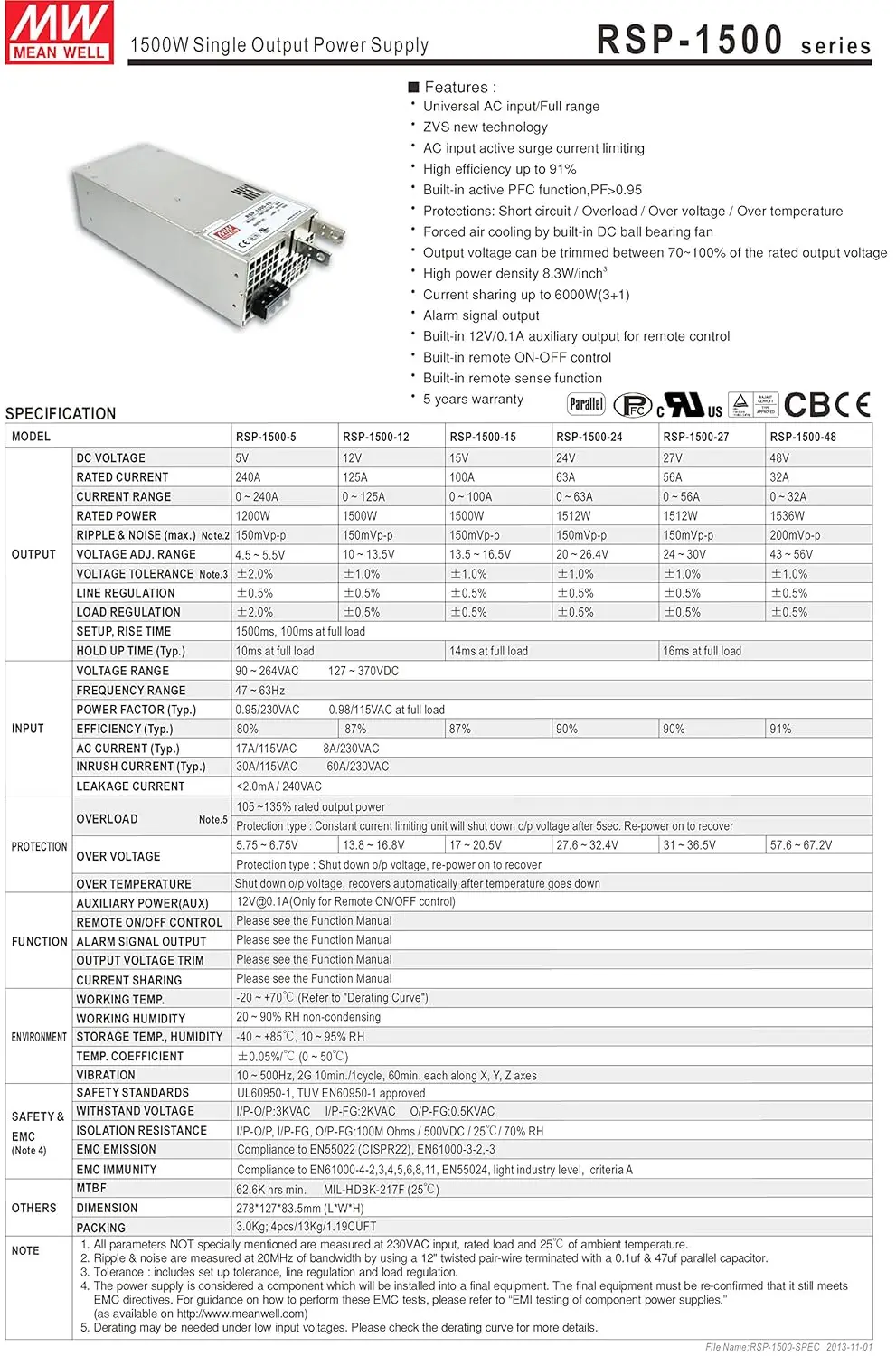 [Powernex] Mean Well Rsp-1500-27 27V 56A 1512W Single Output With Pfc Function Power Supply