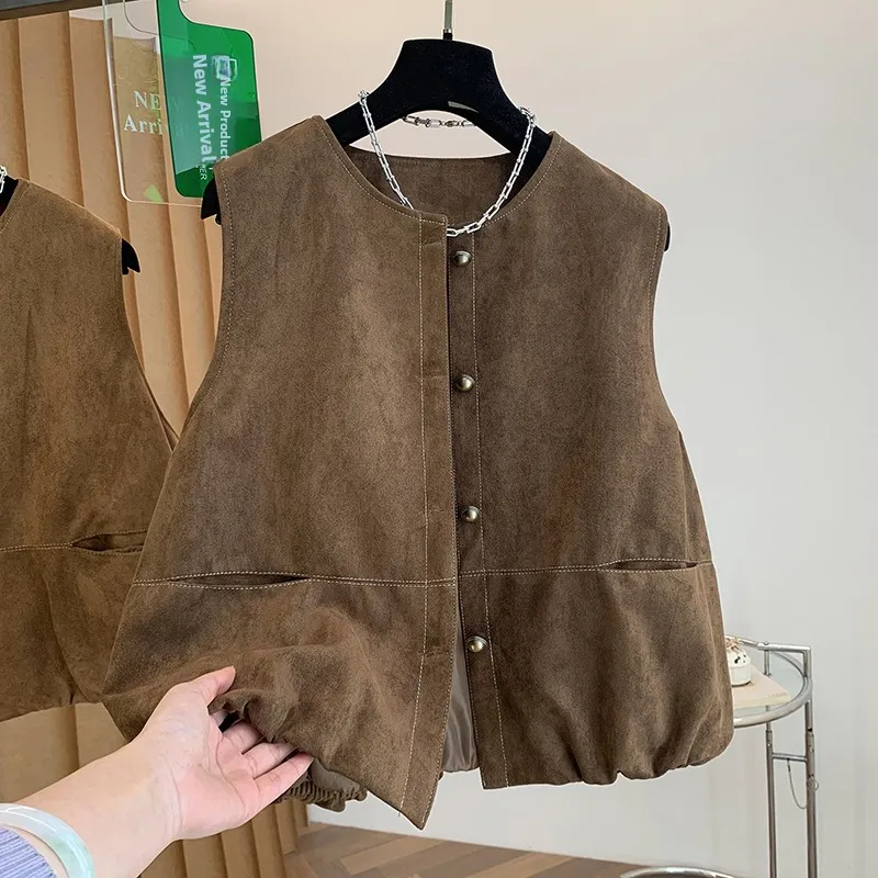 Spring Summer New Style Women's Loose round Neck Suede Vest Sleeveless Shoulder Pad Pure Color Top Outerwear Single Button