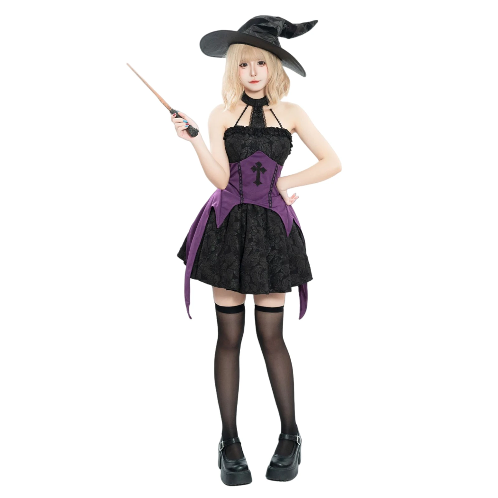 

Halloween Loli Witch Cosplay Costume Girl Purple Sleeveless Corset Mini Dress Lace Princess Dress With Witch Hat Sleeves Uniform