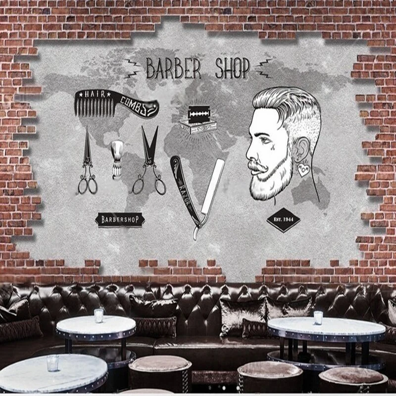 

Custom Wall Murals and Decorative Wallpaper - Vintage European Hand-Painted Background Wall Covering, Barbershop Wall Design