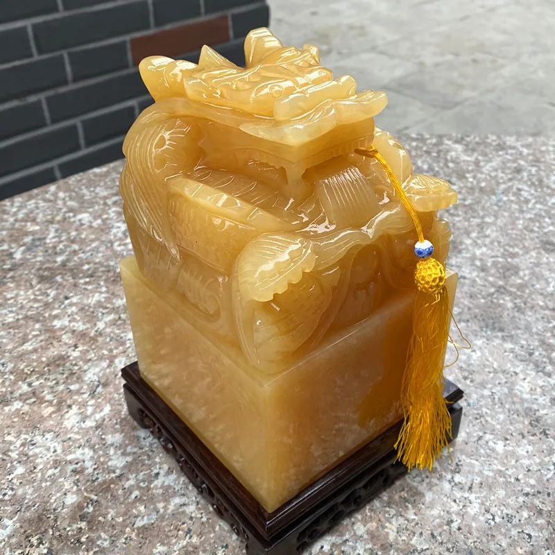 Traditional jade seal ornament, engraved beige jade dragon seal, gift seal, calligraphy name seal, engraved seal with stand