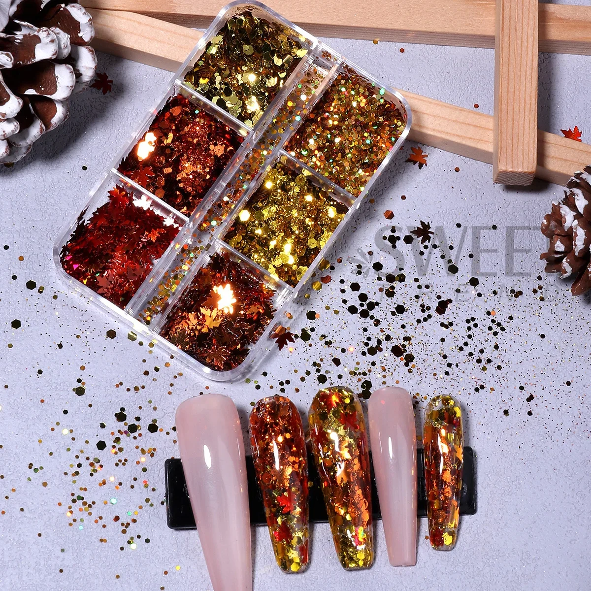6칸 골든 가을 네일 글리터 슬라이스 단풍잎 육각형 모양 장식 스팽글 DIY 가을 겨울 반짝이는 매니큐어 액세서리