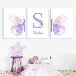 Custom Name Wall Art Personalized Purple Butterfly Canvas Painting Nursery Art Poster Nordic Print Girls Bedroom Home Decoration