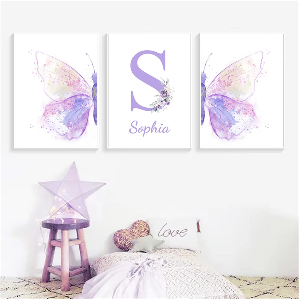 Custom Name Wall Art Personalized Purple Butterfly Canvas Painting Nursery Art Poster Nordic Print Girls Bedroom Home Decoration