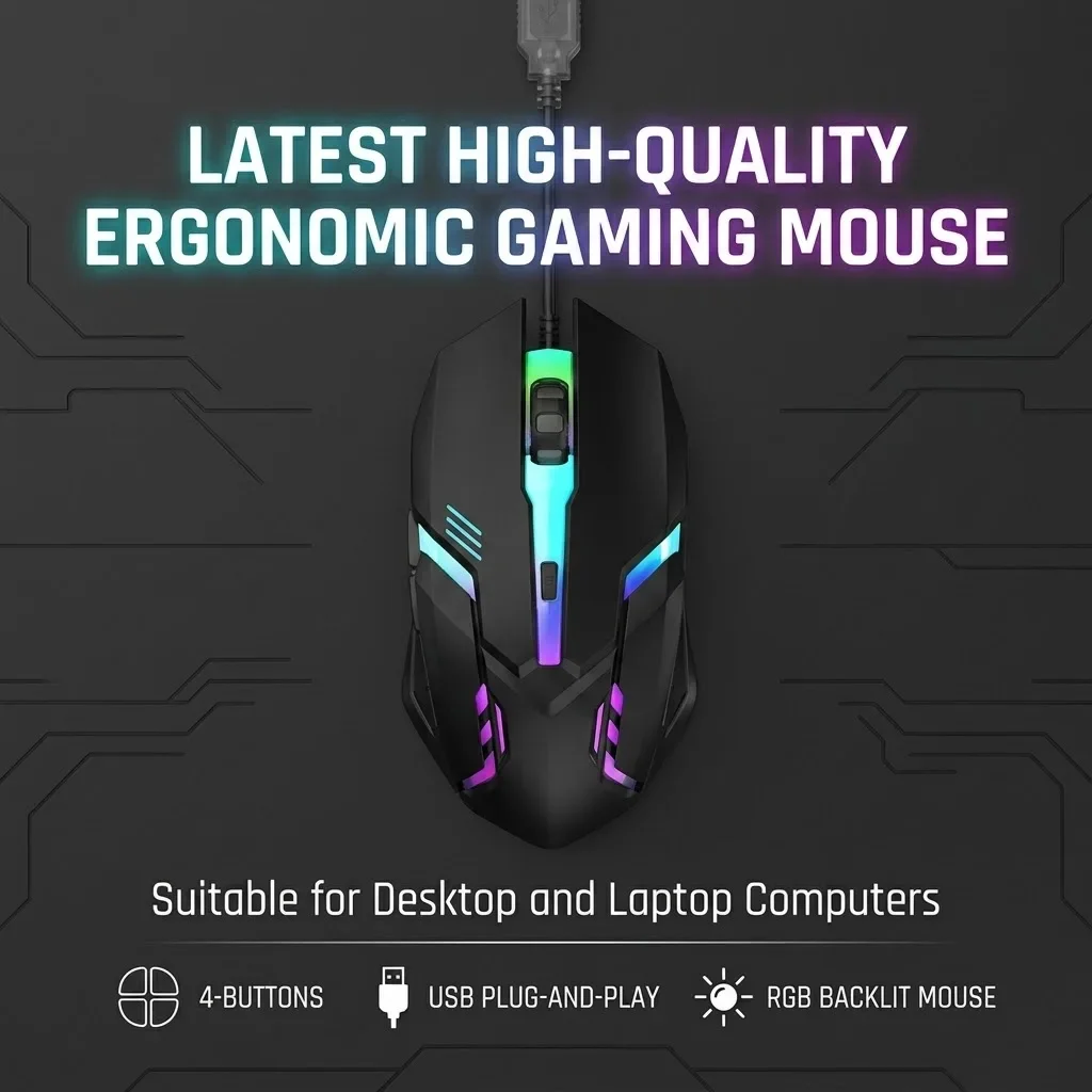 Latest High-quality Ergonomic Gaming Mouse, Suitable for Desktop and Laptop Computers, 4-button USB RGB Backlit Mouse