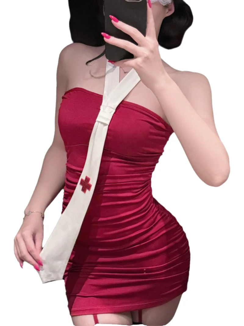 

Sexy Pure Sweet Cosplay Nurse Uniform Bodycon Dress Slim-fit Sexy Strapless Top Hot Girl Style Dress Off-the-shoulder Dress Y0NP
