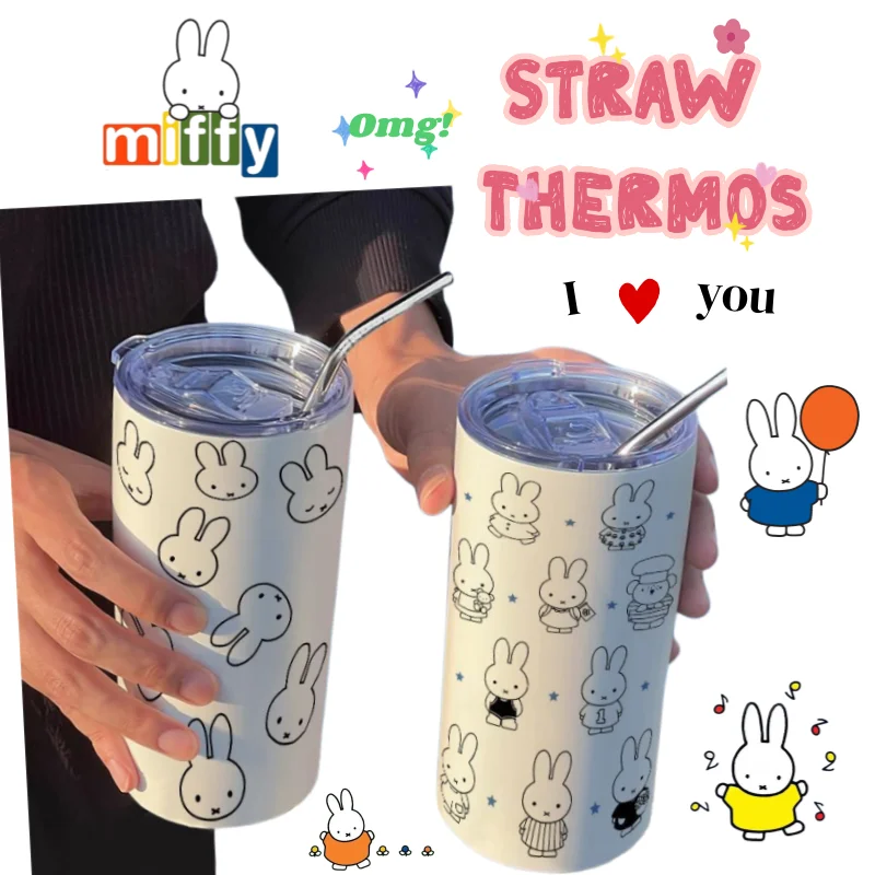 

Miffy Rabbit High Beauty Value Creative Thermos Cup Large Capacity Straw Couple Coffee Cup Portable Accompanional Car Water Cup