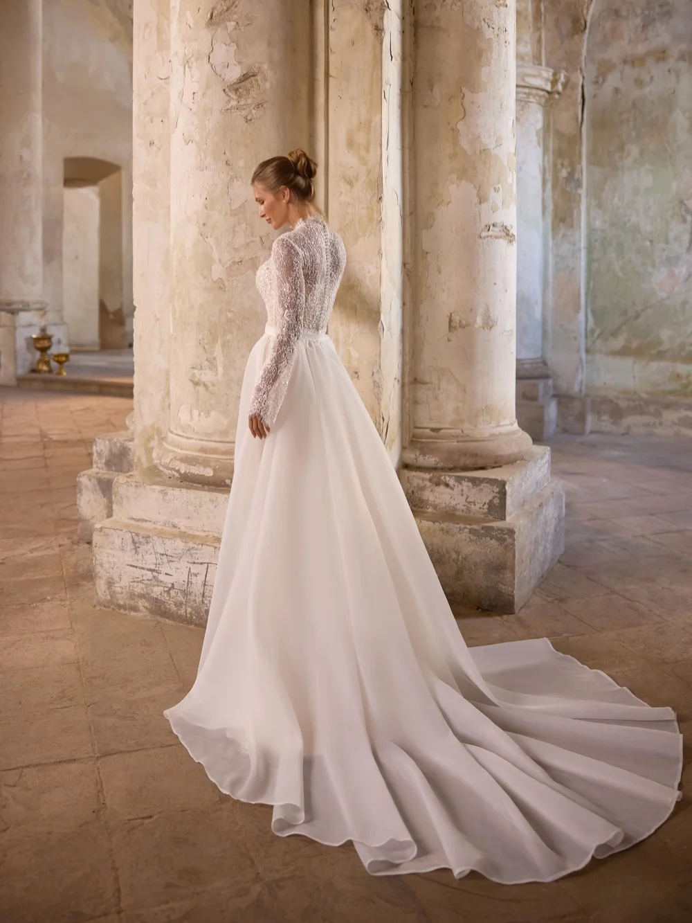 فستان زفاف دانتيل مطرز فخم ذيل قابل للانفصال حورية البحر فستان زفاف طويل مخصص فساتين متواضعة ذات ياقة عالية للعروس #5