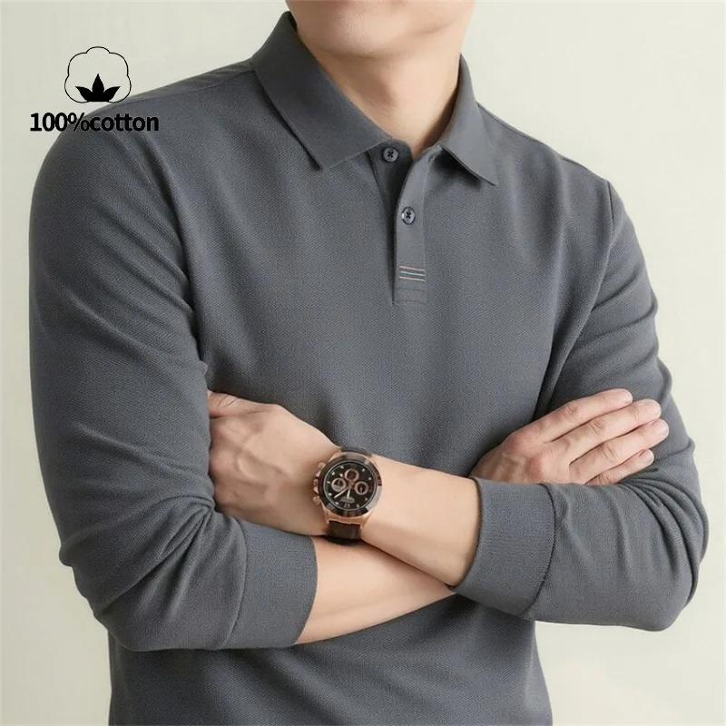 100% Mercerized Cotton Solid Color Business Casual Top Men's Old Money Style Long Sleeve Polo Shirt