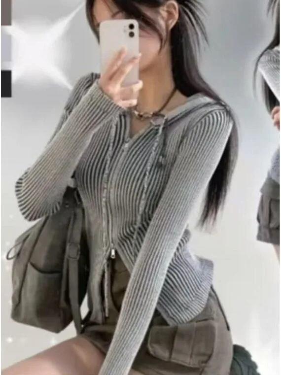 Retro Tie Dye Zipper Hooded Slim Fit Knitwear Sweater Coat Autumn Winter Japanese Style Worn Color Grinding Women's Fashion