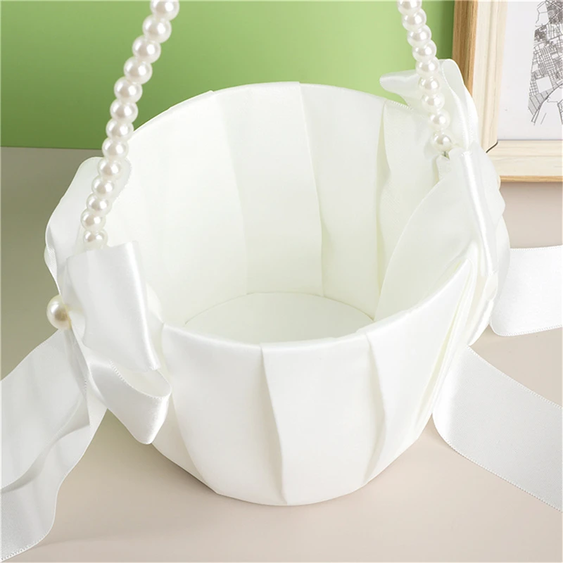 20 cm White Flower Girls Basket Silk Wedding Basket for Flower Bride/Kids Hand Held Wedding Ceremony Party Decorations