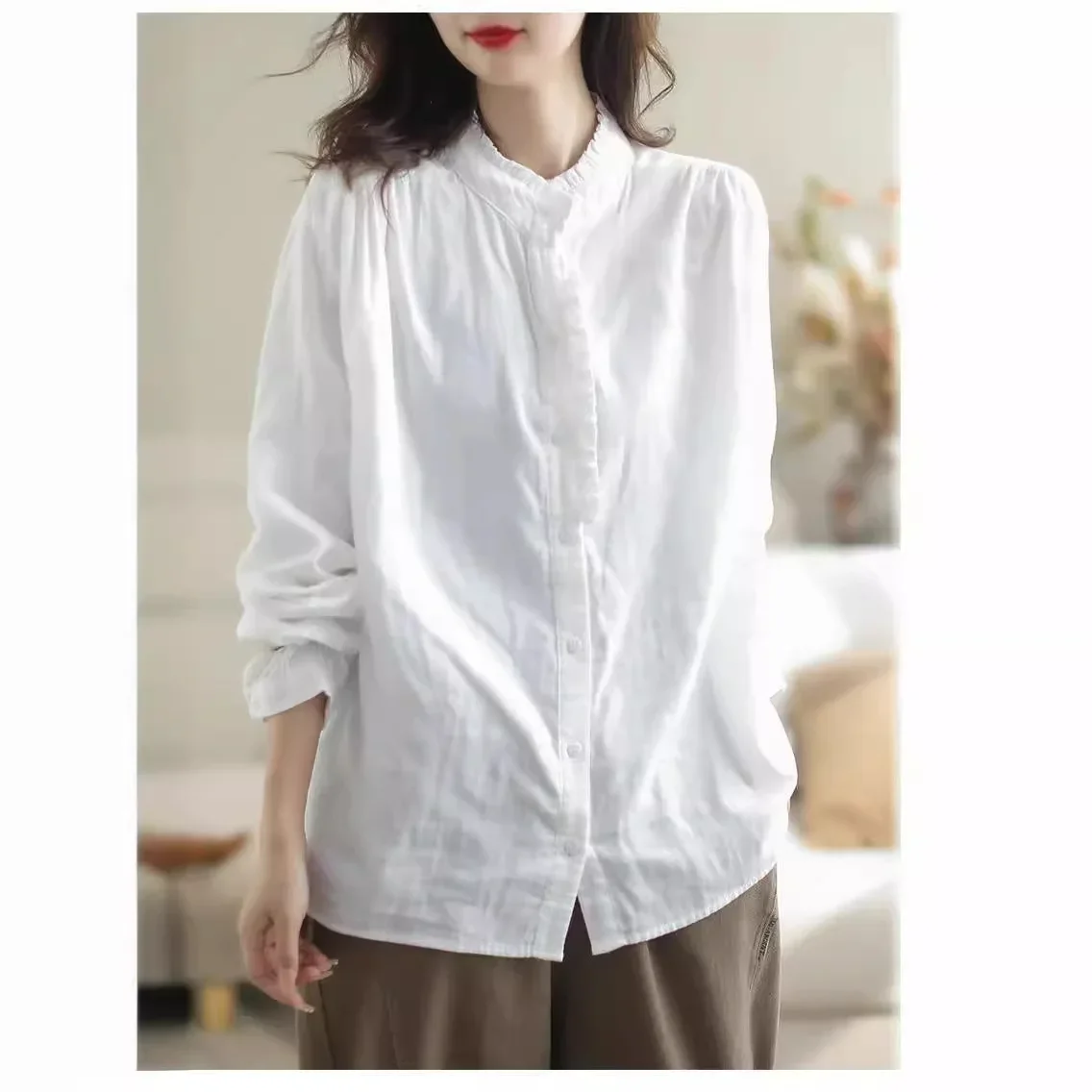 

Women's cotton and linen long-sleeved shirt women's spring and autumn solid color retro loose fashion splicing versatile and