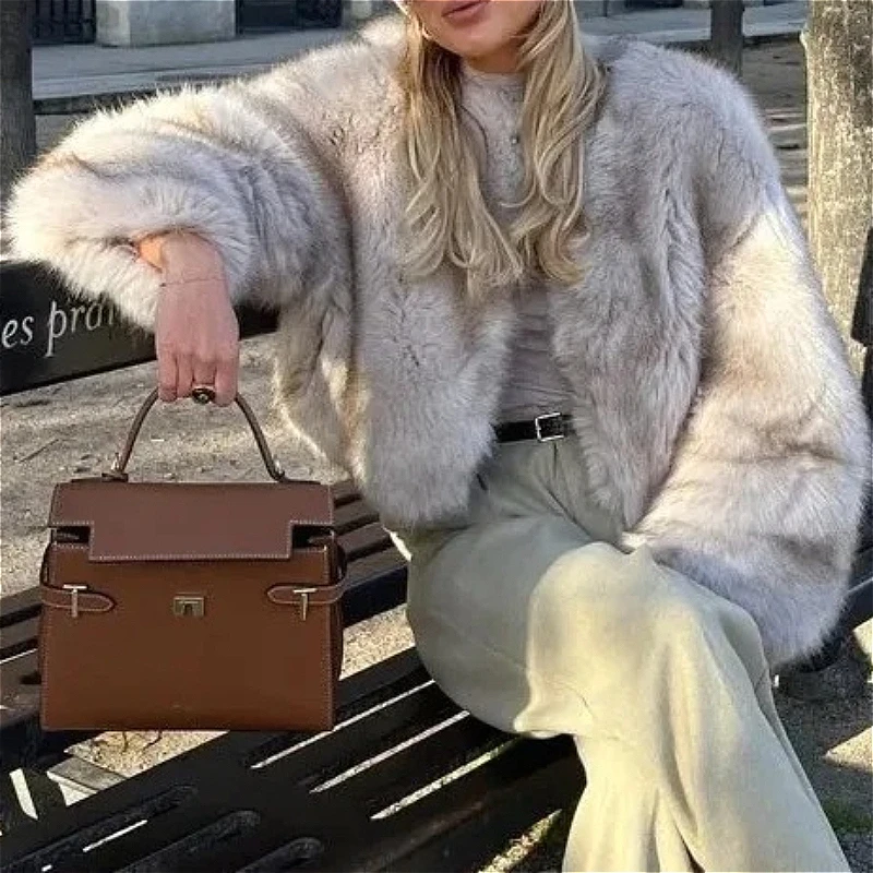 Long Faux Fur Coat Women Autumn Winter Large Jacket Overcoat White Turn Down Collar Pockets Thick Coat Warm Jackets Maxi Coats