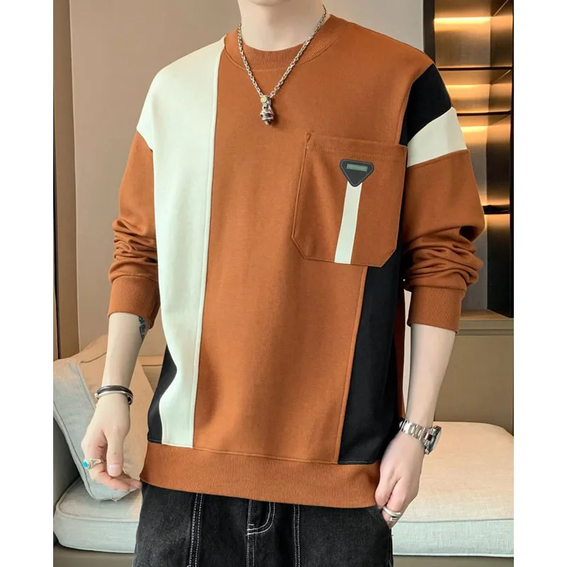 New Spring and Autumn Fashion Brand Splice Colored Round Neck Loose and Versatile Handsome Casual Men's Long Sleeve Sweater