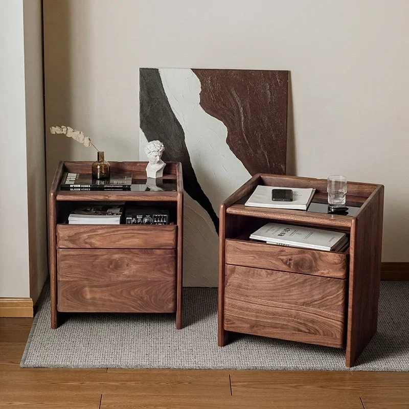 

l Nordic simple solid wood double drawer nightstand black walnut bedroom side cabinet nightstand