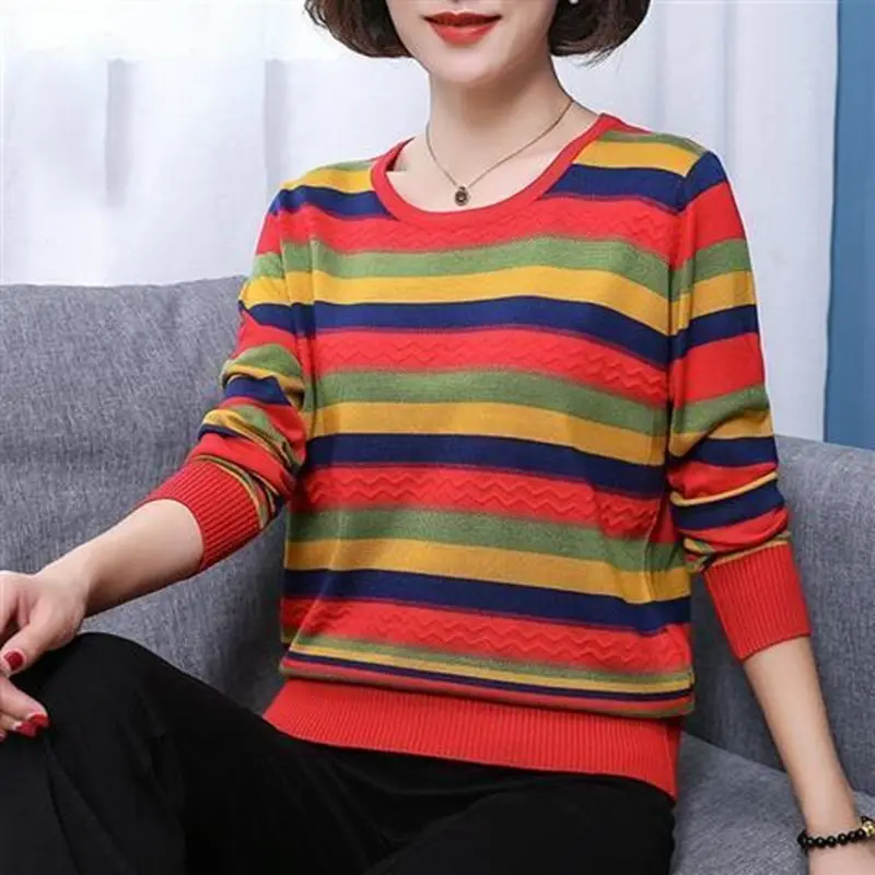 2023 Spring Autumn Fashion Thin Striped Knitted Tops Women\'s Clothing Korean All-match O-Neck Screw Thread Pullovers T-shirt