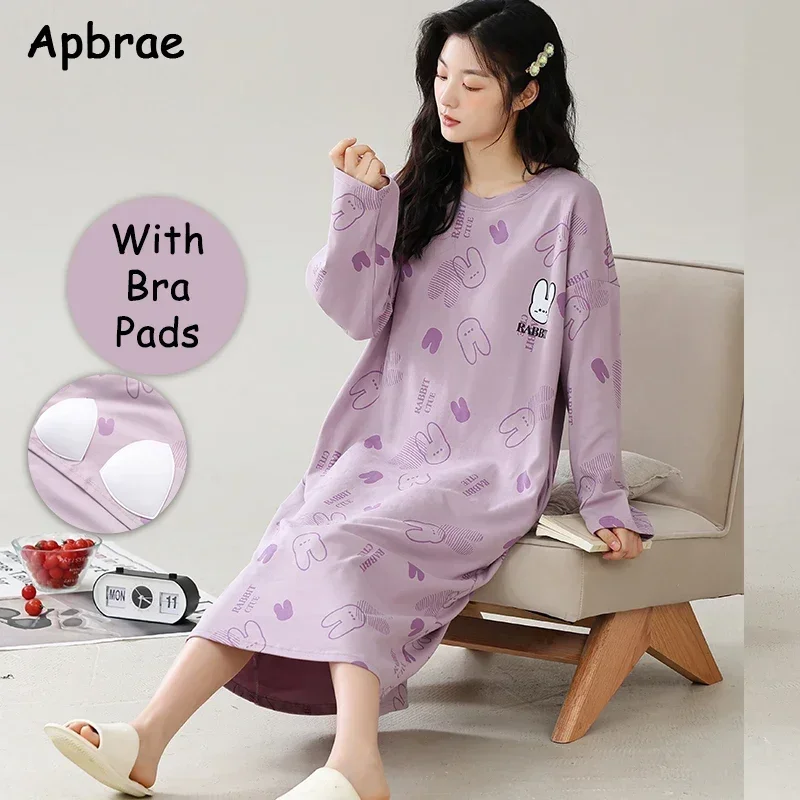 M-3XL Cotton Long Nightgown for Women Autumn Winter O-neck Cartoon Cute Nightgowns Rabbit Print Long Sleeves Sleepwear Dress