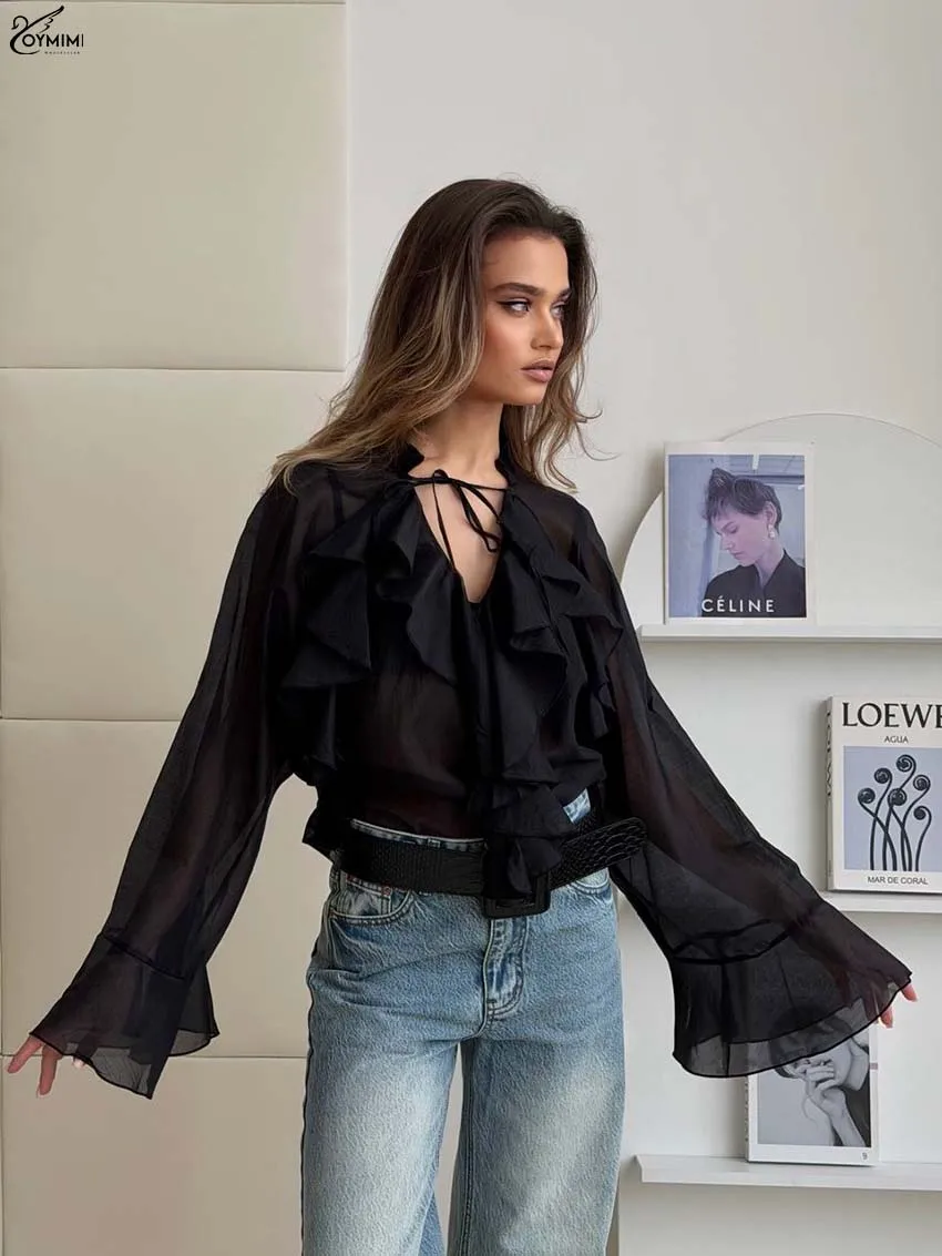 

Oymimi Elegant Black Ruffled Women's Blouse Fashion Lace-Up Long Sleeve Translucent Blouses Casual New Slim Solid Shirts Female