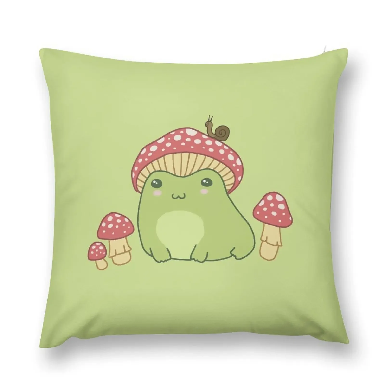 Kawaii Frog with Mushroom Hat: Cottagecore Aesthetic, Toadstool and Snail Companion, Perfect for Frogge Lovers Throw Pillow