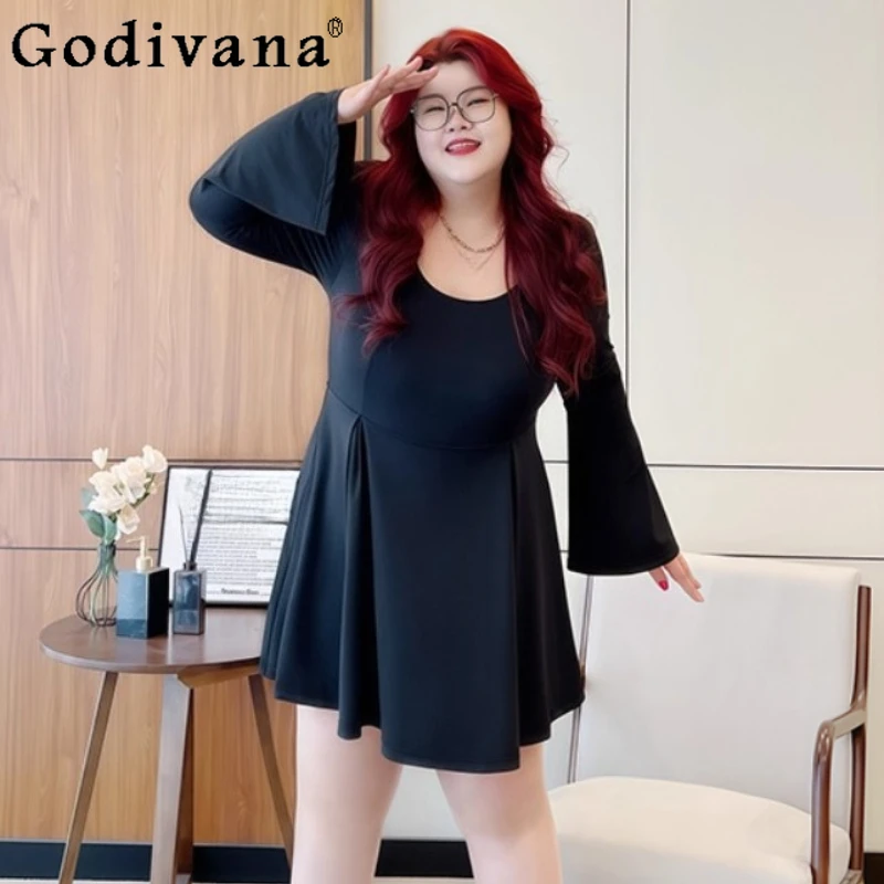

Large Size Women Summer Elegant Square Neck Black Long Flare Sleeve Dress High Waist A-line Fashion Versatile Simple Dresses