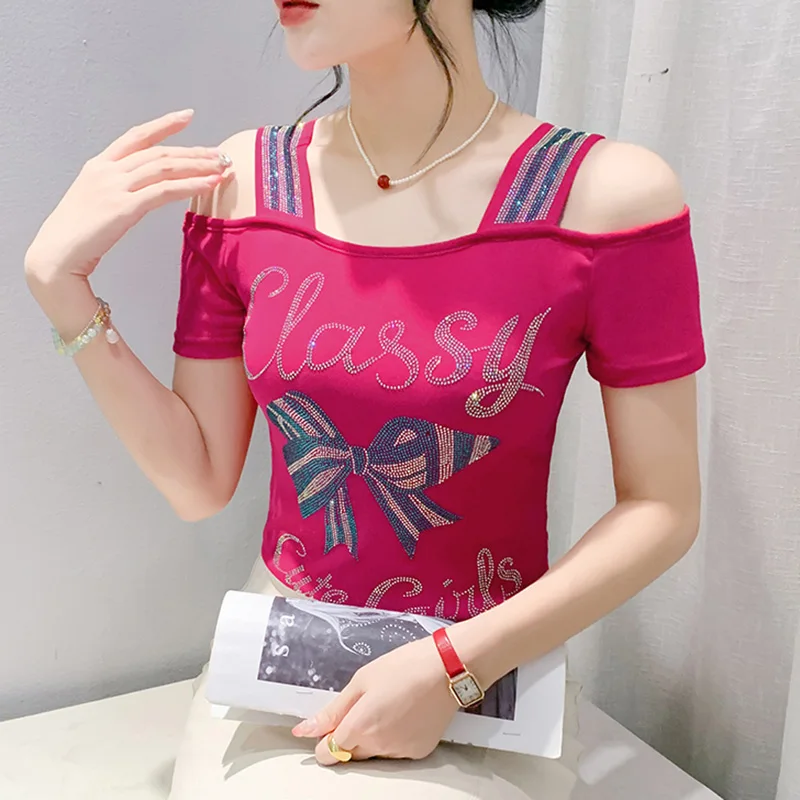 2025 Summer New Heavy Industry Double layered Mesh Tops Short sleeved Fashion Off the Shoulder  Diamond Women\'s  T-Shirt
