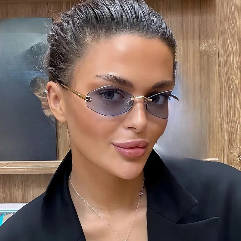 نظارات شمسية بدون إطار بحافة مقطوعة على شكل ألماس نظارات شمسية مخصصة على شكل الفهد مقاومة للأشعة فوق البنفسجية بإطار صغير UV400 نظارات شمسية جديدة #4