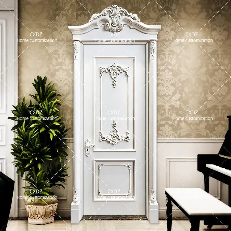 White High End Custom Wooden Door with Gold Engraving Flat Wood Design for Kitchen Bathroom Bedroom Villa Home Interior