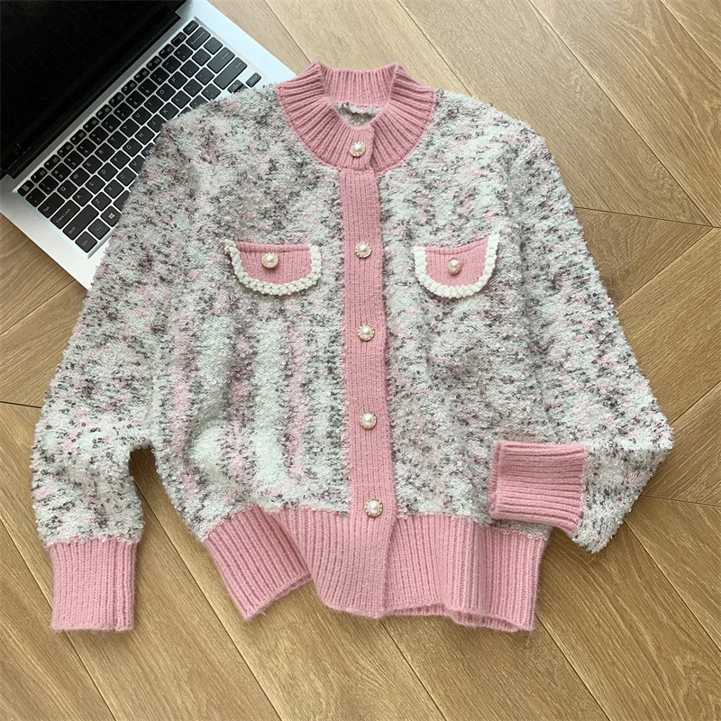 2024 New Autumn Winter Knitted Cardigan Sweater Coat Women Vintage O-Neck Long Sleeve Pearl Single Breasted Warm Knitwear Jumper