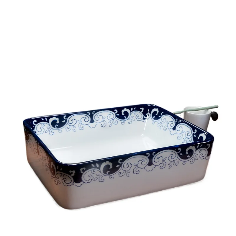 

Retro blue and white porcelain table basin rectangular Chinese ceramic hand wash B & B hotel bathroom washbasin household