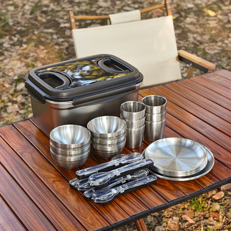 Portable Set Camping Supplies Equipment Picnic Bowls Cups Chopsticks Spoons 304 Stainless Steel