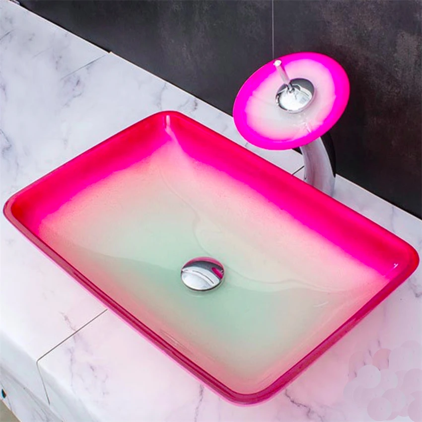 Tempered Glass Above Counter Basin Bathroom Wash Basin Household Sink With Copper Faucet And Drainer Art Tabletop Basin