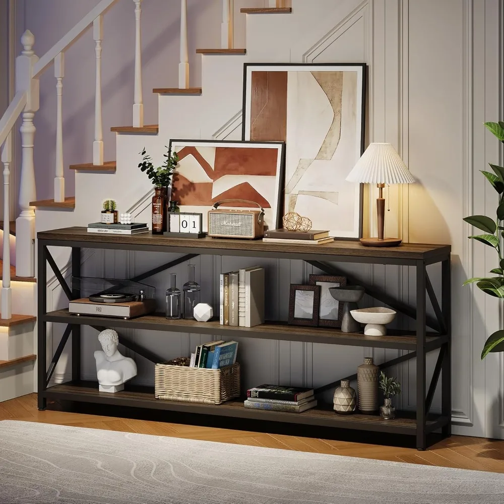 طاولة أريكة وحدة التحكم الصناعية، طاولة مدخل طويلة جدًا مقاس 70.8 بوصة مع رف تخزين خشبي من 3 طبقات لغرفة المعيشة