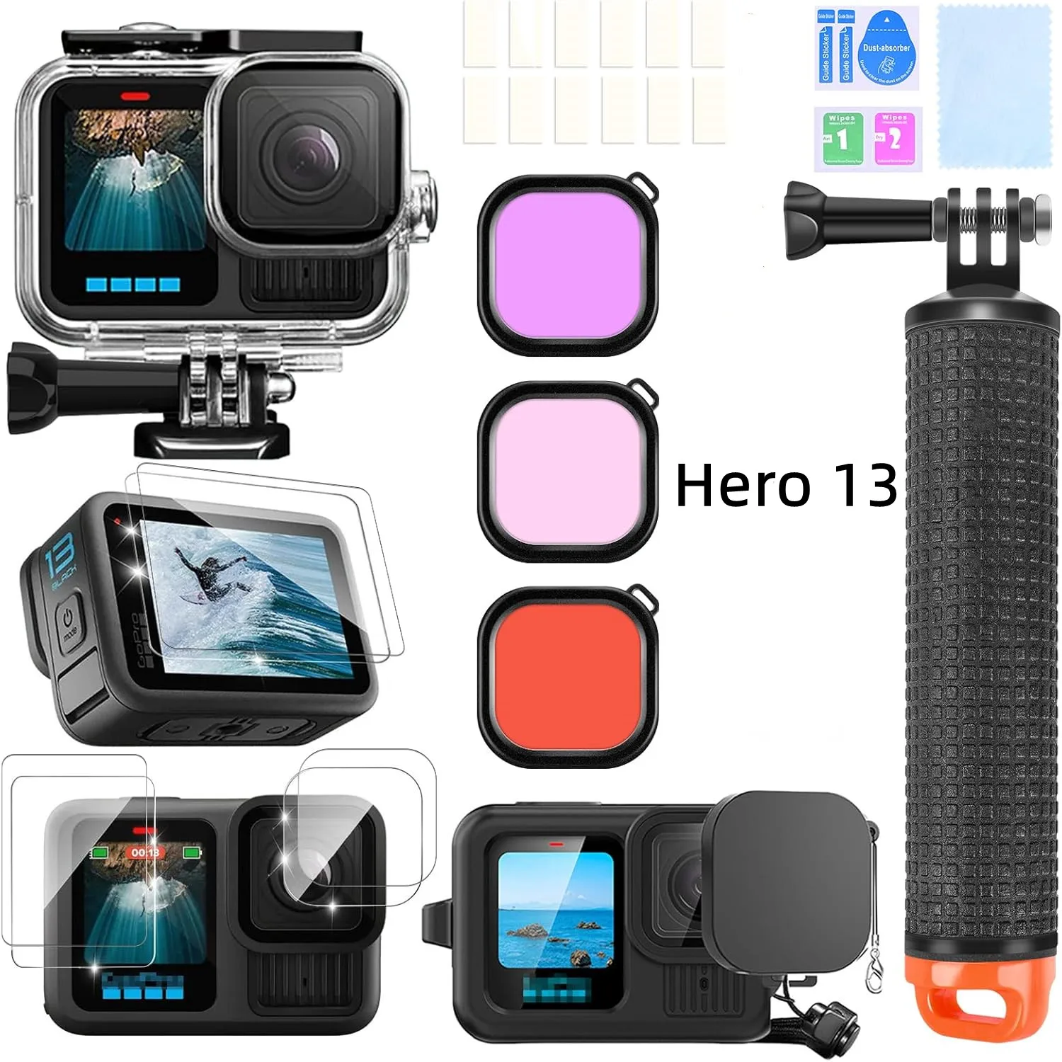 for Gopro Hero 13 Waterproof Housing Case Underwater Float Handle Stick Silicone Sleeve Lens Cap Tempered Glass Screen