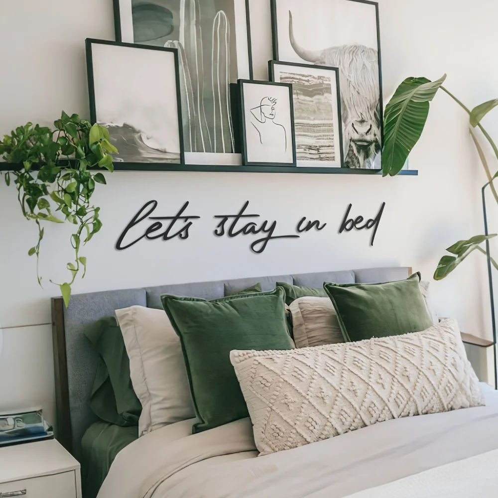 let's stay in bed metal sign metal wall decor metal art wall hanging quote wall art sign housewarming gift