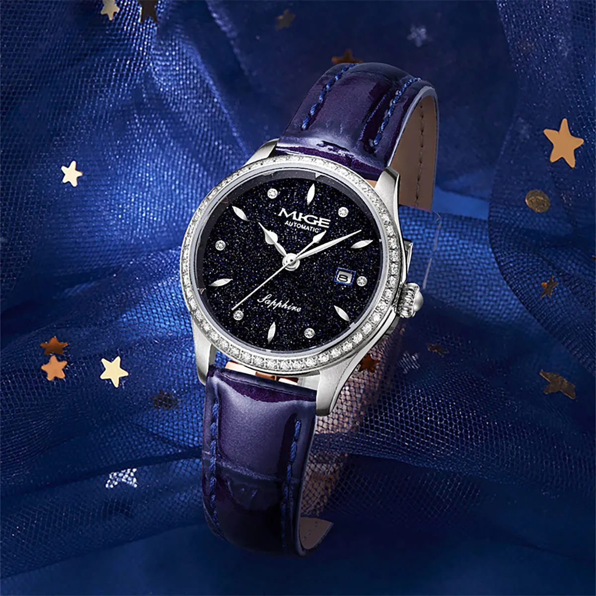 

MIGE Original Automatic Mechanical Women Wristwatches Genuine Leather Strap Waterproof Calendar Fashion Watch For Women Sapphire