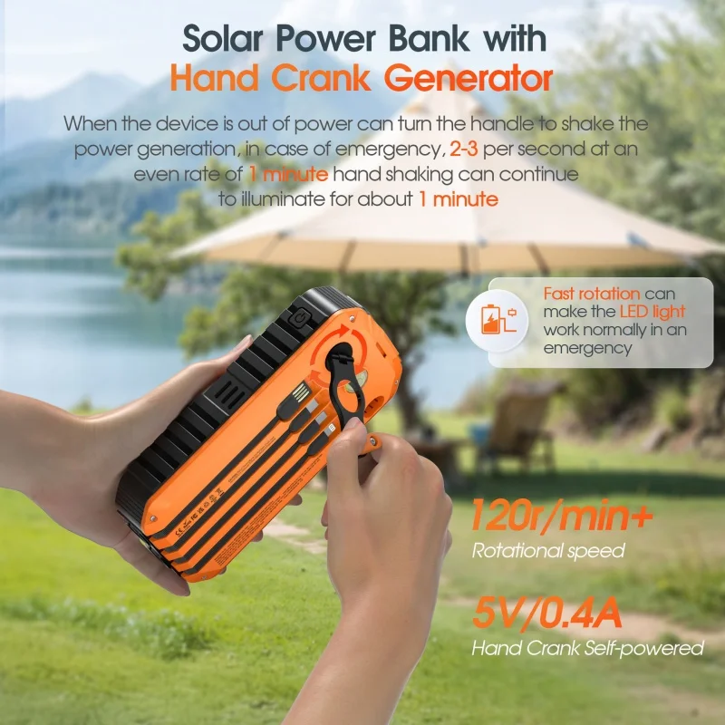 

20000mAh Hand Crank Solar Power Bank Dual USB 22.5W Fast Charging for iPhone 16 Xiaomi Samsung Powerbank with LED Camping Light