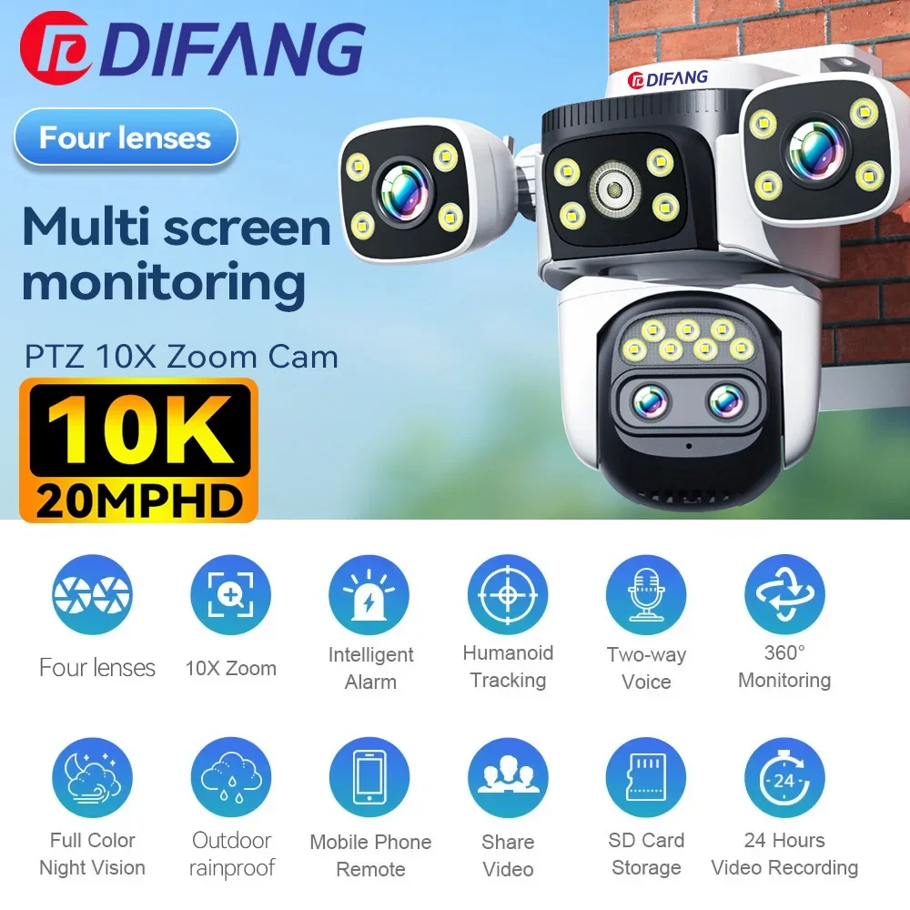 

10K WiFi IP Camera Outdoor Wireless 10X Zoom 20MP Four Screen Four Lens PTZ Automatic Tracking Waterproof Security Camera CCTV