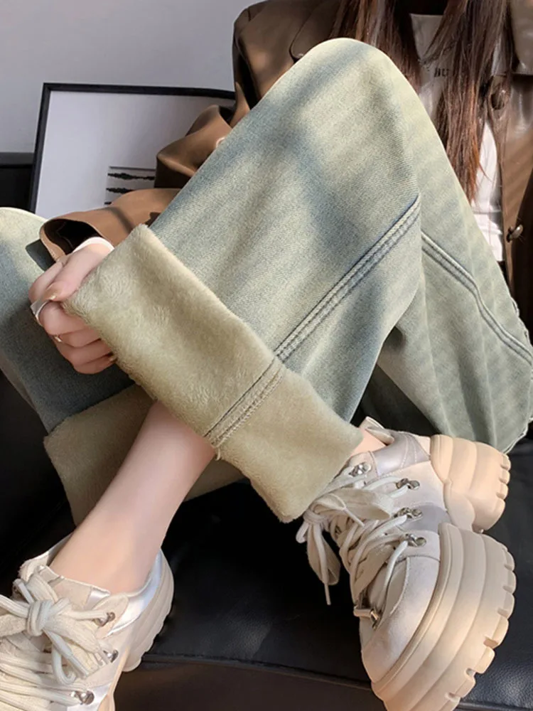 Plush Velvet Lined High Waist Wide Leg Jeans Fall Winter Vintage Pantalones Casual Streetwear Denim Pants Korea Women Vaqueros