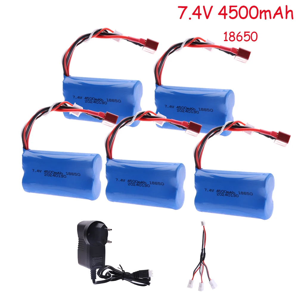 Bateria de carro RC com carregador, T Plug para Power Car, Upgrade, 7.4V, 18650, 4500mAh, Wltoys 10428, 12428, 12423, Q46