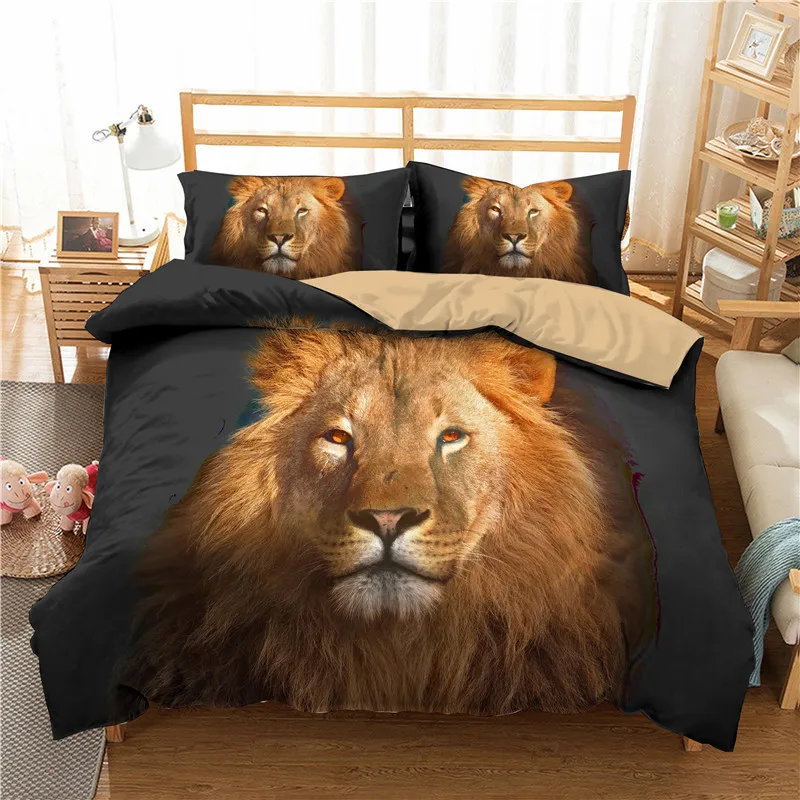 Lion Duvet Cover Set King/queen Size,Wild Animal Print 3D Bedding Set,Brown Lion Soft Quilt Cover,2 Pillowcases,black