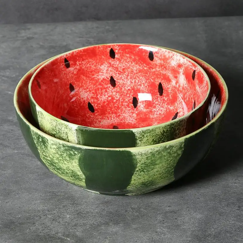 Ceramic Hand-painted Watermelon Bubble Bowl Simplicity Household Underglaze Color Spiral River Noodle Bowl Small Fresh Deep Dish