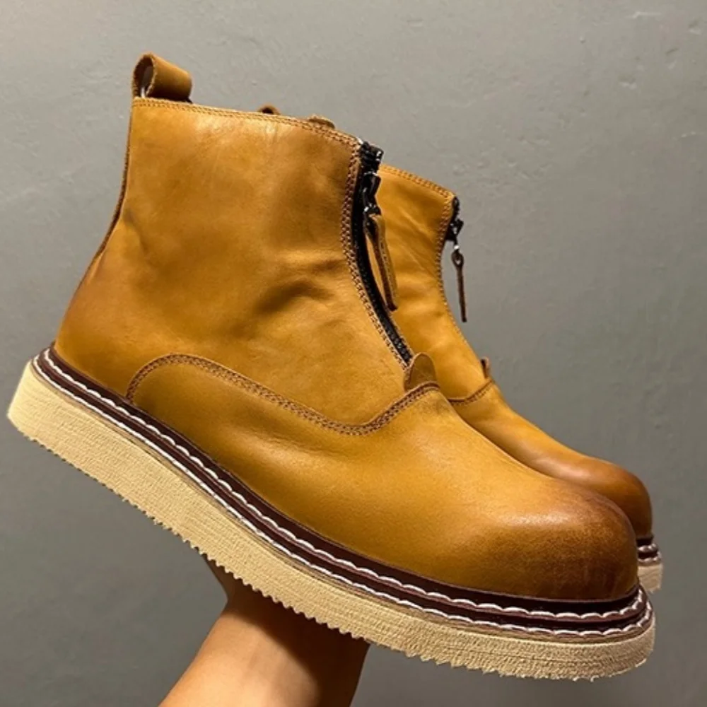 

QHCCID Vintage British Men's Leather Chelsea Boots Casual round Toe Zip Ankle Shoes for Spring Autumn Business Dress