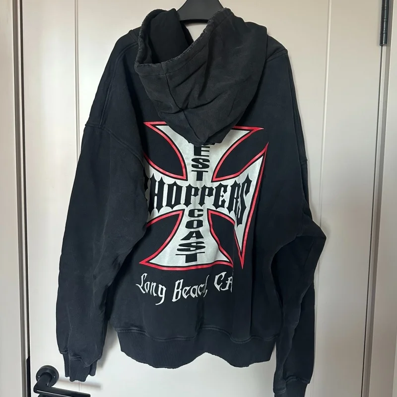 

High Street Retro Cross Letter Print West Coast Cardigan Hooded Torn Hole Washed Water Do Old Zipper Hoodie Men Women Jacket Top