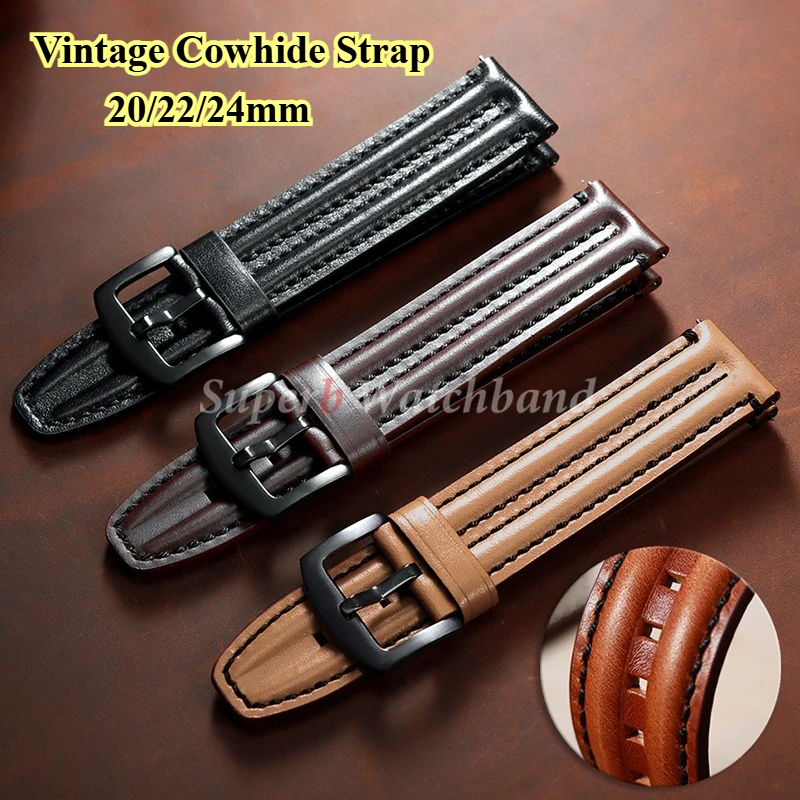 

Vintage Oil Wax Cowhide Leather Watch Strap 20mm 22mm 24mm Brown Watchbands for Samsung Galaxy Watch Band Men Bracelet