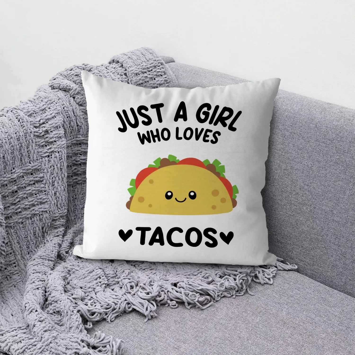 Just A Girl Who Loves Tacos Pillowcase, Cute Kawaii Food Quote Cushion Cover, Funny Kitchen Decor White Square Throw Pillow Case