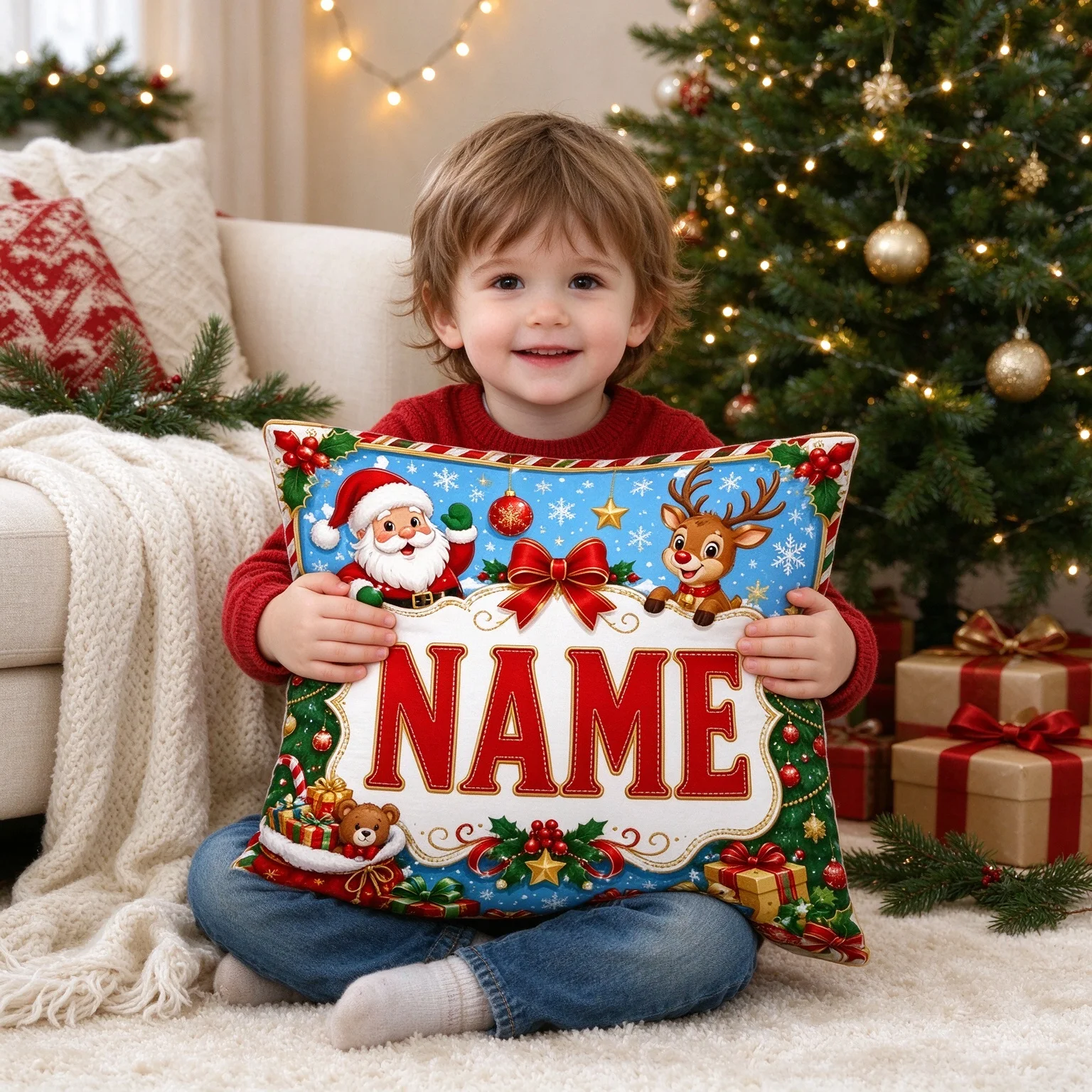 Personalized Christmas Pillow Cover Custom Name Santa Reindeer Cushion Case 18x18 Inch Kids Holiday Sofa Decor Throw Pillowcase