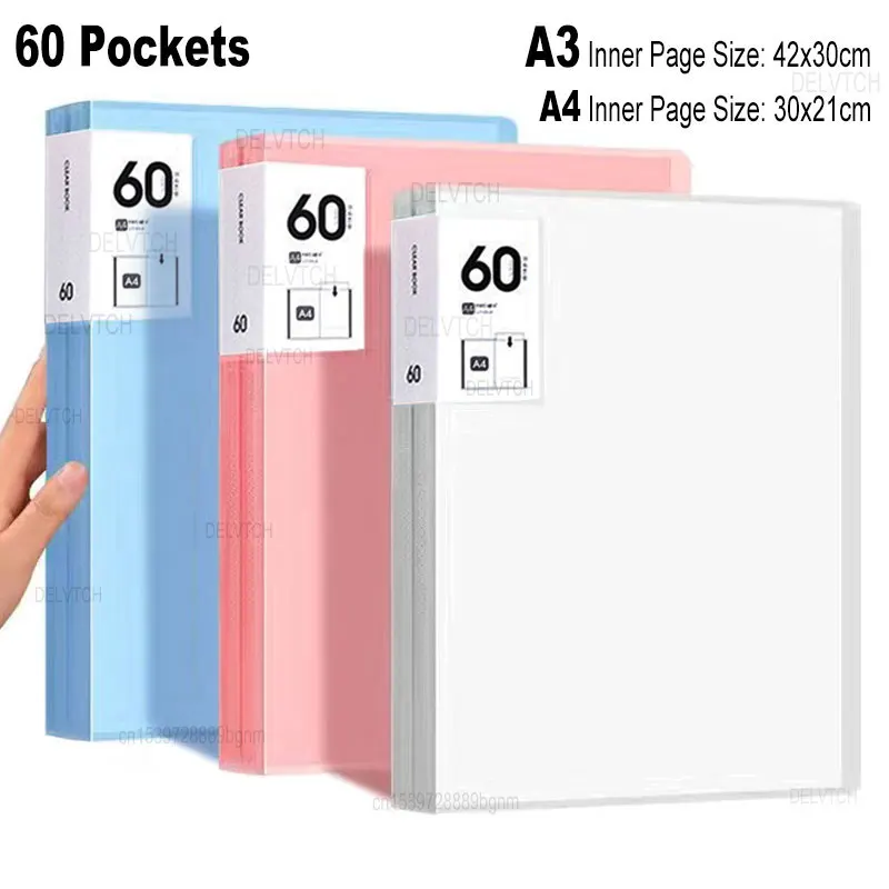 

60 Pocket A4 A3 File Folder Picture Photo Album Display Book Art Sketching Painting Drawing Paper Document Storage Bag Organizer